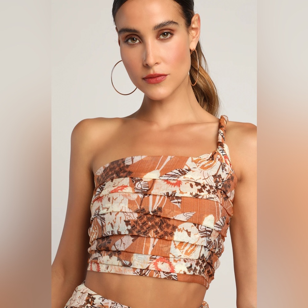 NWT Lulu’s Something Wild Brown Multi Print Twist-Front Midi Skirt Crop Top Set - Picture 6 of 16